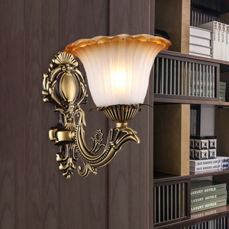 Antique Flower Sconce Wall Lighting 1/2-Light Frosted White Glass Wall Light in Brass with Carved Arm 1.0 Brass Clearhalo 'Wall Lamps & Sconces' 'Wall Lights' Lighting' 815152