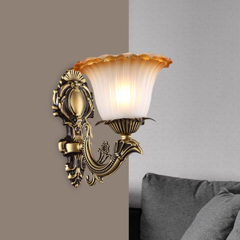 Antique Flower Sconce Wall Lighting 1/2-Light Frosted White Glass Wall Light in Brass with Carved Arm Clearhalo 'Wall Lamps & Sconces' 'Wall Lights' Lighting' 815153