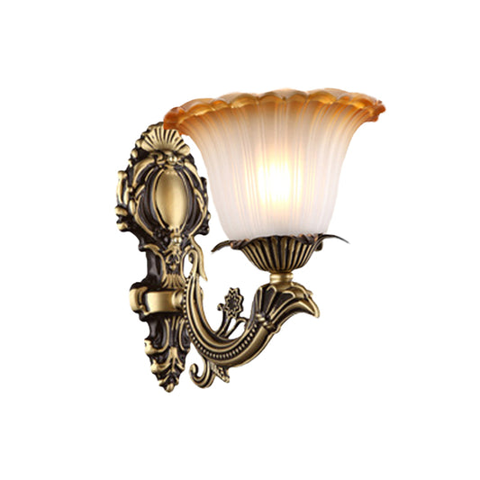 Antique Flower Sconce Wall Lighting 1/2-Light Frosted White Glass Wall Light in Brass with Carved Arm Clearhalo 'Wall Lamps & Sconces' 'Wall Lights' Lighting' 815154