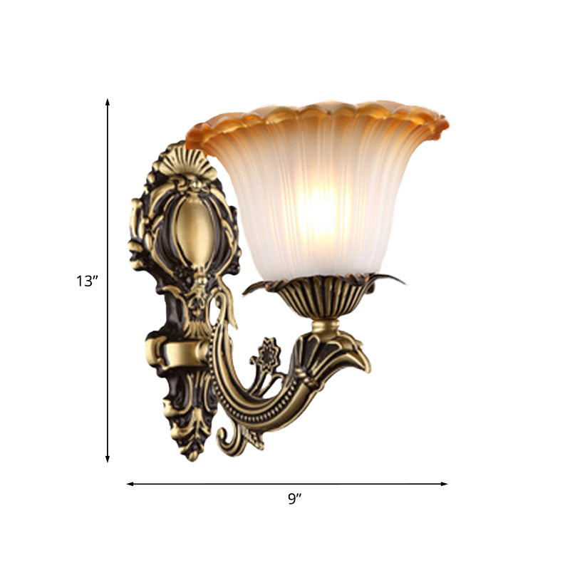 Antique Flower Sconce Wall Lighting 1/2-Light Frosted White Glass Wall Light in Brass with Carved Arm Clearhalo 'Wall Lamps & Sconces' 'Wall Lights' Lighting' 815155