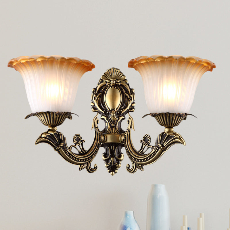 Antique Flower Sconce Wall Lighting 1/2-Light Frosted White Glass Wall Light in Brass with Carved Arm 2.0 Brass Clearhalo 'Wall Lamps & Sconces' 'Wall Lights' Lighting' 815156