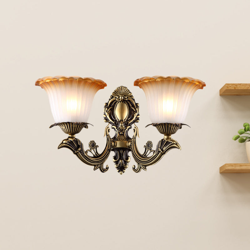 Antique Flower Sconce Wall Lighting 1/2-Light Frosted White Glass Wall Light in Brass with Carved Arm Clearhalo 'Wall Lamps & Sconces' 'Wall Lights' Lighting' 815158