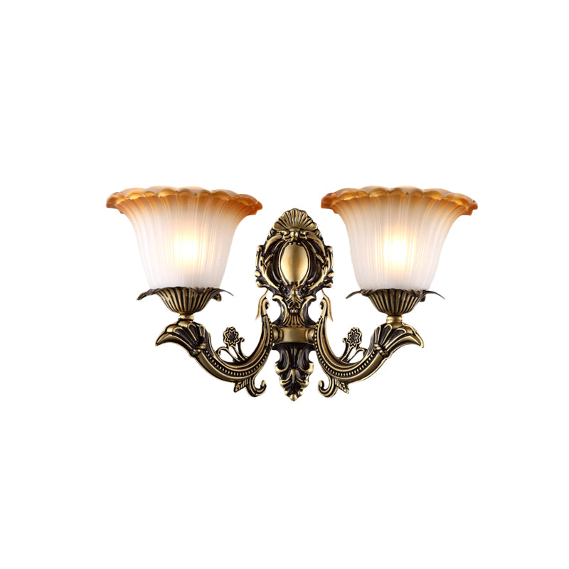 Antique Flower Sconce Wall Lighting 1/2-Light Frosted White Glass Wall Light in Brass with Carved Arm Clearhalo 'Wall Lamps & Sconces' 'Wall Lights' Lighting' 815159