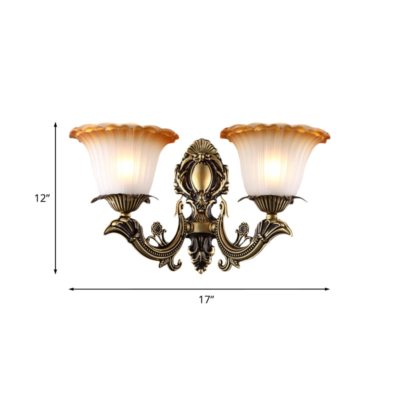 Antique Flower Sconce Wall Lighting 1/2-Light Frosted White Glass Wall Light in Brass with Carved Arm Clearhalo 'Wall Lamps & Sconces' 'Wall Lights' Lighting' 815160