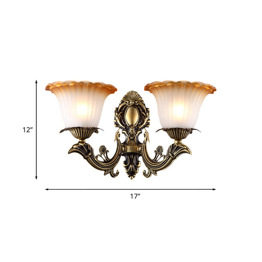 Antique Flower Sconce Wall Lighting 1/2-Light Frosted White Glass Wall Light in Brass with Carved Arm Clearhalo 'Wall Lamps & Sconces' 'Wall Lights' Lighting' 815160