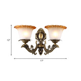 Antique Flower Sconce Wall Lighting 1/2-Light Frosted White Glass Wall Light in Brass with Carved Arm Clearhalo 'Wall Lamps & Sconces' 'Wall Lights' Lighting' 815160