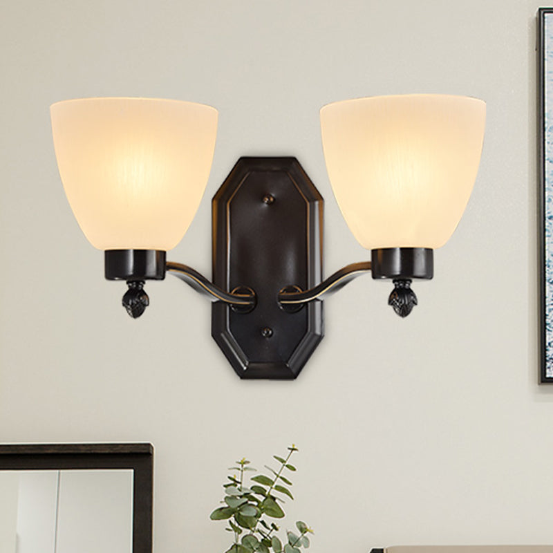 Bud Living Room Wall Light Traditional Ivory Glass 1/2-Bulb Black Wall Sconce Lighting Fixture 2.0 Black Clearhalo 'Wall Lamps & Sconces' 'Wall Lights' Lighting' 815165