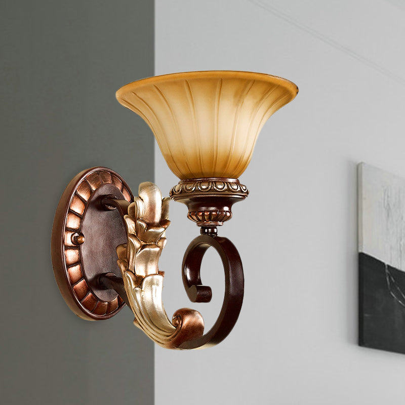 Flared Amber Glass Wall Sconce Traditional 1 Light Living Room Wall Light in Bronze with Curving Arm Bronze Clearhalo 'Wall Lamps & Sconces' 'Wall Lights' Lighting' 815170