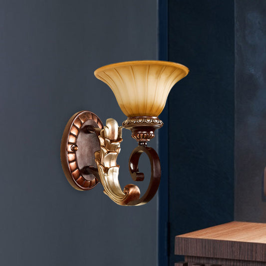 Flared Amber Glass Wall Sconce Traditional 1 Light Living Room Wall Light in Bronze with Curving Arm Clearhalo 'Wall Lamps & Sconces' 'Wall Lights' Lighting' 815171