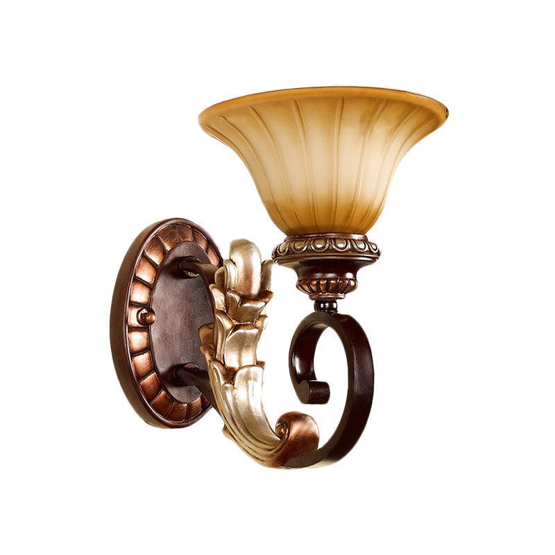 Flared Amber Glass Wall Sconce Traditional 1 Light Living Room Wall Light in Bronze with Curving Arm Clearhalo 'Wall Lamps & Sconces' 'Wall Lights' Lighting' 815172