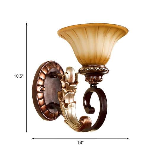 Flared Amber Glass Wall Sconce Traditional 1 Light Living Room Wall Light in Bronze with Curving Arm Clearhalo 'Wall Lamps & Sconces' 'Wall Lights' Lighting' 815173