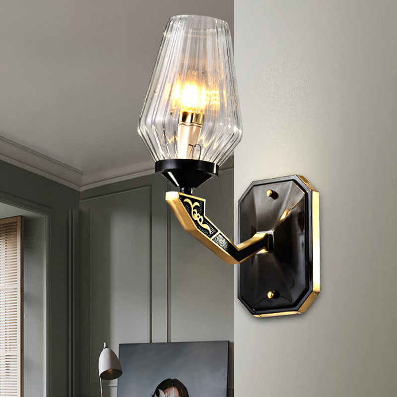 Retro Tapered Wall Light Fixture 1 Bulb Clear Prismatic Glass Wall Sconce Lamp in Black for Living Room Black Clearhalo 'Wall Lamps & Sconces' 'Wall Lights' Lighting' 815174