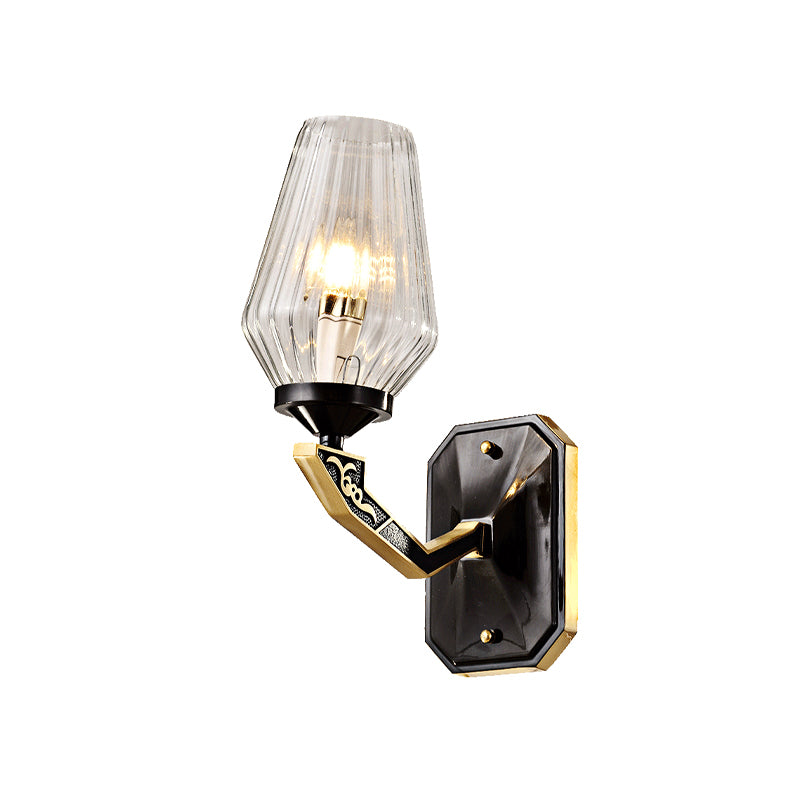 Retro Tapered Wall Light Fixture 1 Bulb Clear Prismatic Glass Wall Sconce Lamp in Black for Living Room Clearhalo 'Wall Lamps & Sconces' 'Wall Lights' Lighting' 815175