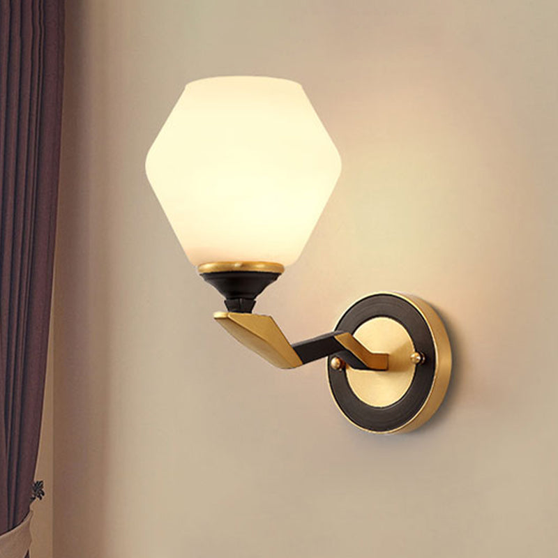 1/2-Bulb Hexagon Wall Light Sconce Classic Black and Gold Frosted Glass Wall Lighting Fixture 1.0 Black-Gold Clearhalo 'Wall Lamps & Sconces' 'Wall Lights' Lighting' 815178