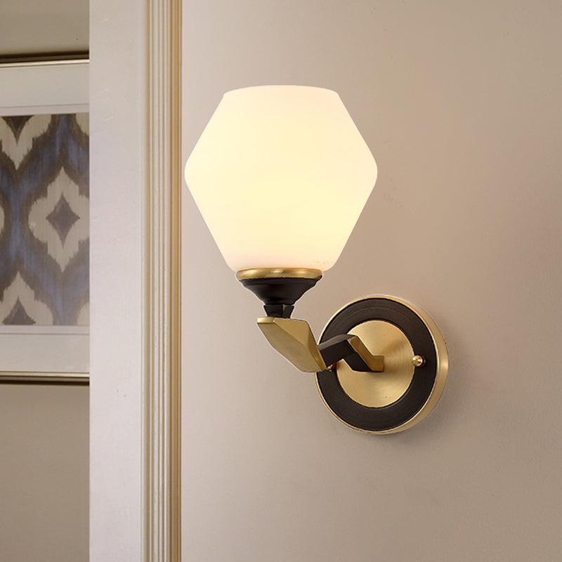 1/2-Bulb Hexagon Wall Light Sconce Classic Black and Gold Frosted Glass Wall Lighting Fixture Clearhalo 'Wall Lamps & Sconces' 'Wall Lights' Lighting' 815179