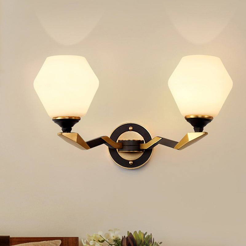 1/2-Bulb Hexagon Wall Light Sconce Classic Black and Gold Frosted Glass Wall Lighting Fixture 2.0 Black-Gold Clearhalo 'Wall Lamps & Sconces' 'Wall Lights' Lighting' 815182