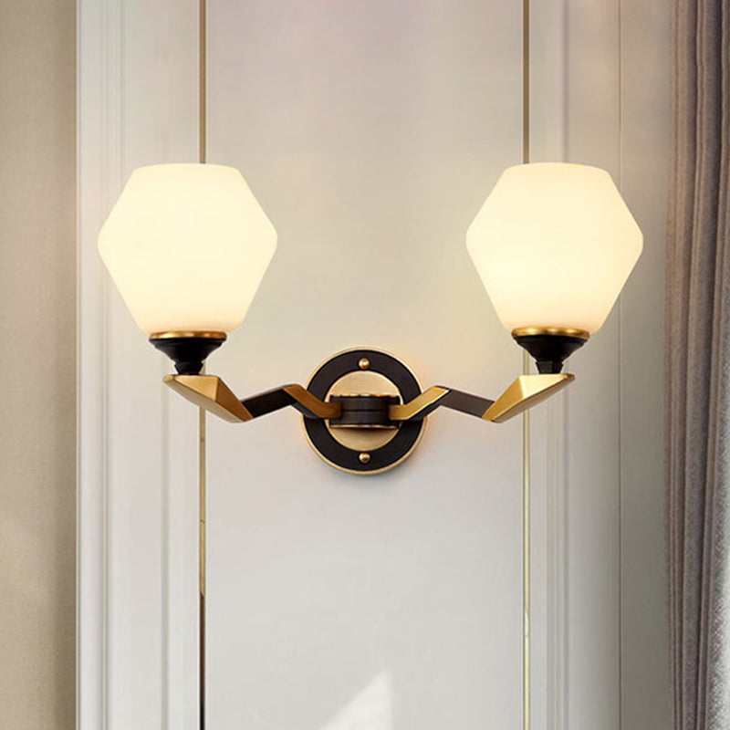 1/2-Bulb Hexagon Wall Light Sconce Classic Black and Gold Frosted Glass Wall Lighting Fixture Clearhalo 'Wall Lamps & Sconces' 'Wall Lights' Lighting' 815183