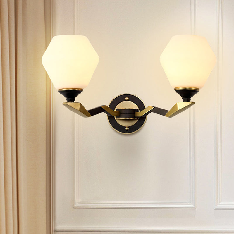 1/2-Bulb Hexagon Wall Light Sconce Classic Black and Gold Frosted Glass Wall Lighting Fixture Clearhalo 'Wall Lamps & Sconces' 'Wall Lights' Lighting' 815184