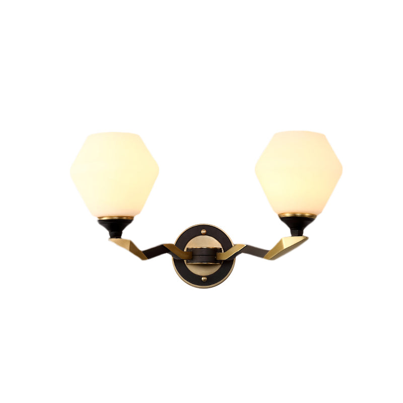 1/2-Bulb Hexagon Wall Light Sconce Classic Black and Gold Frosted Glass Wall Lighting Fixture Clearhalo 'Wall Lamps & Sconces' 'Wall Lights' Lighting' 815185