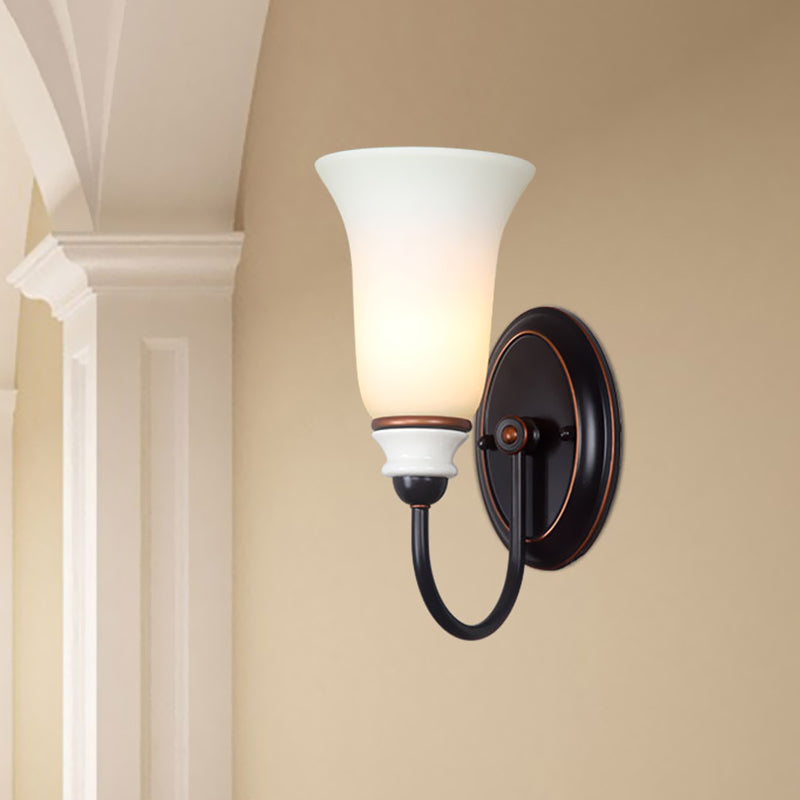 Bell Bedroom Wall Sconce Light Vintage Milk Glass 1 Light Black Wall Lamp with Gooseneck Arm Black Clearhalo 'Wall Lamps & Sconces' 'Wall Lights' Lighting' 815187