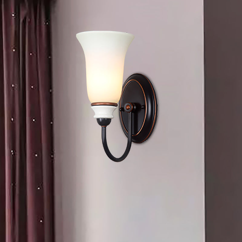 Bell Bedroom Wall Sconce Light Vintage Milk Glass 1 Light Black Wall Lamp with Gooseneck Arm Clearhalo 'Wall Lamps & Sconces' 'Wall Lights' Lighting' 815188