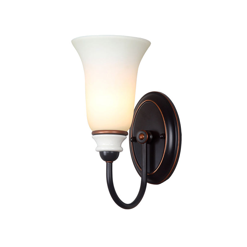 Bell Bedroom Wall Sconce Light Vintage Milk Glass 1 Light Black Wall Lamp with Gooseneck Arm Clearhalo 'Wall Lamps & Sconces' 'Wall Lights' Lighting' 815189