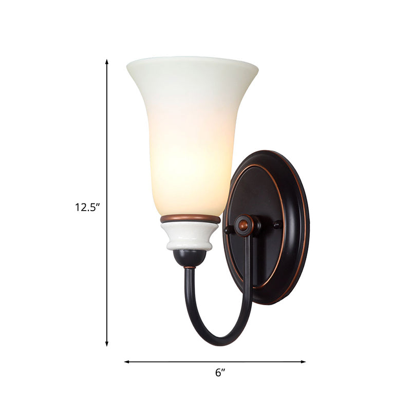 Bell Bedroom Wall Sconce Light Vintage Milk Glass 1 Light Black Wall Lamp with Gooseneck Arm Clearhalo 'Wall Lamps & Sconces' 'Wall Lights' Lighting' 815190