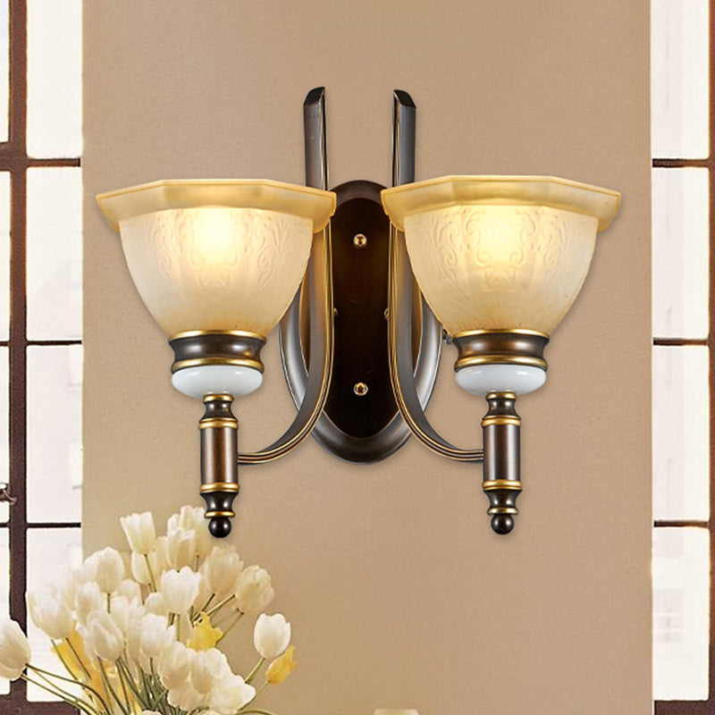 Curvy Arm Frosted Glass Sconce Traditionalism 1/2-Bulb Living Room Wall Mounted Lamp in Black 2.0 Black Clearhalo 'Wall Lamps & Sconces' 'Wall Lights' Lighting' 815195