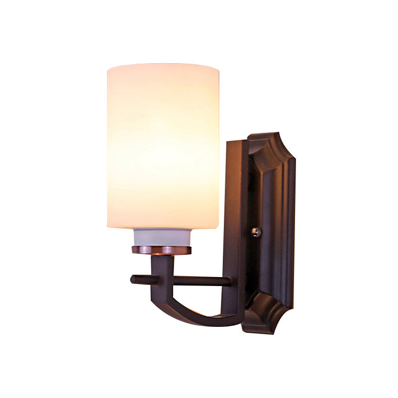 Milky Glass Cylinder Wall Sconce Antique 1/2-Head Living Room Wall Lighting Fixture in Black Clearhalo 'Wall Lamps & Sconces' 'Wall Lights' Lighting' 815202