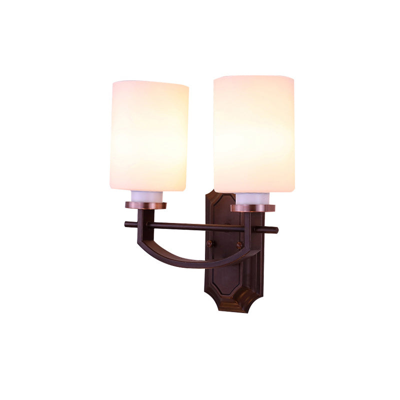 Milky Glass Cylinder Wall Sconce Antique 1/2-Head Living Room Wall Lighting Fixture in Black Clearhalo 'Wall Lamps & Sconces' 'Wall Lights' Lighting' 815207