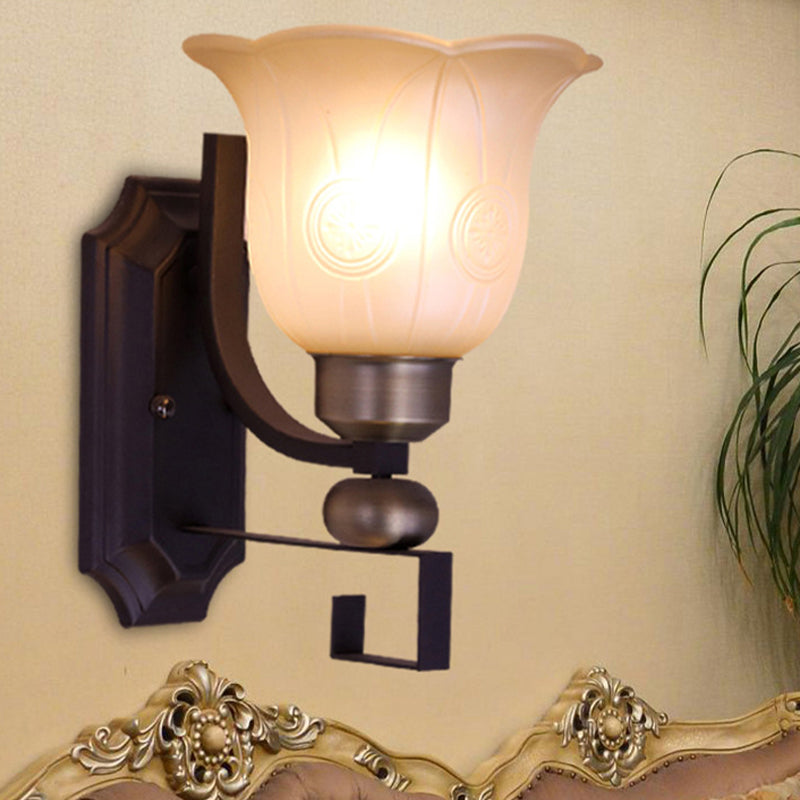 Bloom Bedroom Wall Sconce Light Traditionalist Frosted Glass 1 Bulb Black Wall Lighting Fixture Black Clearhalo 'Wall Lamps & Sconces' 'Wall Lights' Lighting' 815209