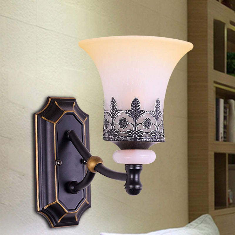 Frosted Glass Flared Up Wall Lamp Classic 1 Light Living Room Wall Sconce Light in Black with Leaf Deco Clearhalo 'Wall Lamps & Sconces' 'Wall Lights' Lighting' 815214