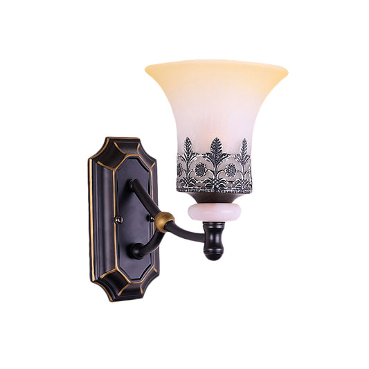 Frosted Glass Flared Up Wall Lamp Classic 1 Light Living Room Wall Sconce Light in Black with Leaf Deco Clearhalo 'Wall Lamps & Sconces' 'Wall Lights' Lighting' 815215