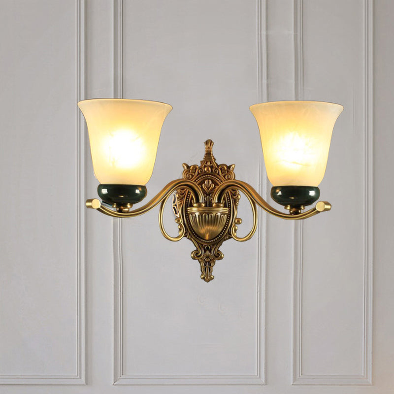 2 Lights Floral Wall Lamp Traditional Brass Frosted Glass Wall Sconce Light with Carved Backplate Brass Clearhalo 'Wall Lamps & Sconces' 'Wall Lights' Lighting' 815217