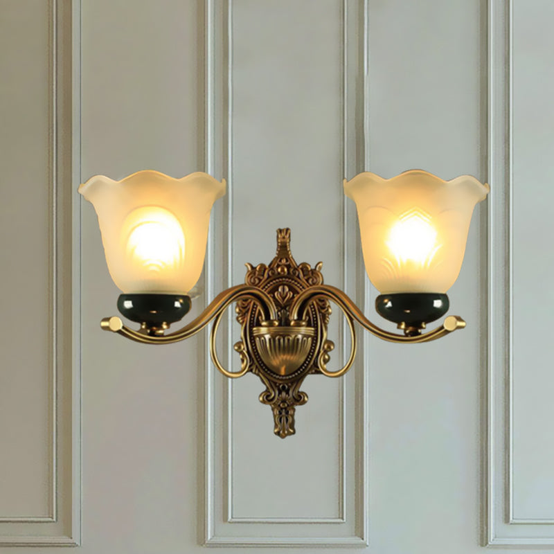 2 Lights Floral Wall Lamp Traditional Brass Frosted Glass Wall Sconce Light with Carved Backplate Clearhalo 'Wall Lamps & Sconces' 'Wall Lights' Lighting' 815218