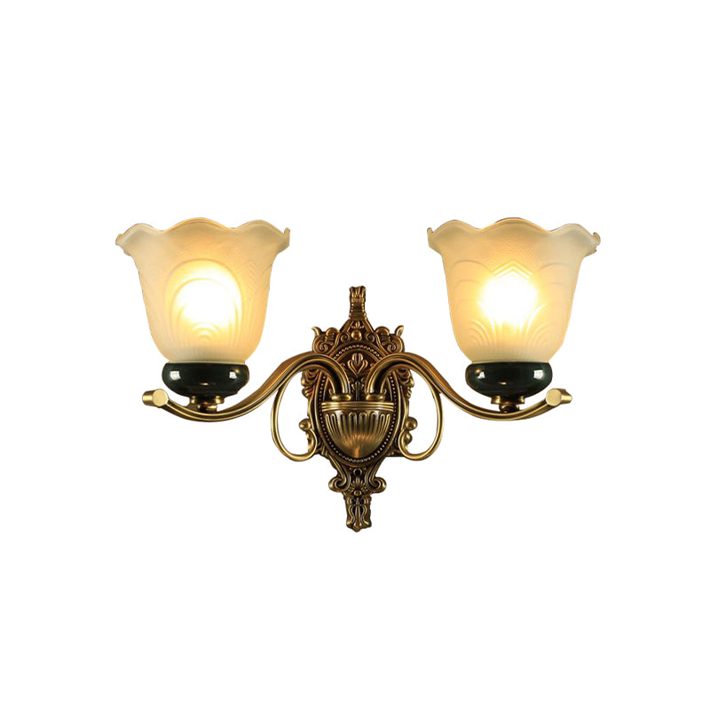 2 Lights Floral Wall Lamp Traditional Brass Frosted Glass Wall Sconce Light with Carved Backplate Clearhalo 'Wall Lamps & Sconces' 'Wall Lights' Lighting' 815219