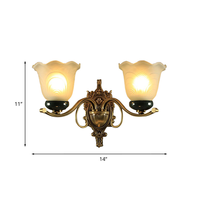 2 Lights Floral Wall Lamp Traditional Brass Frosted Glass Wall Sconce Light with Carved Backplate Clearhalo 'Wall Lamps & Sconces' 'Wall Lights' Lighting' 815220