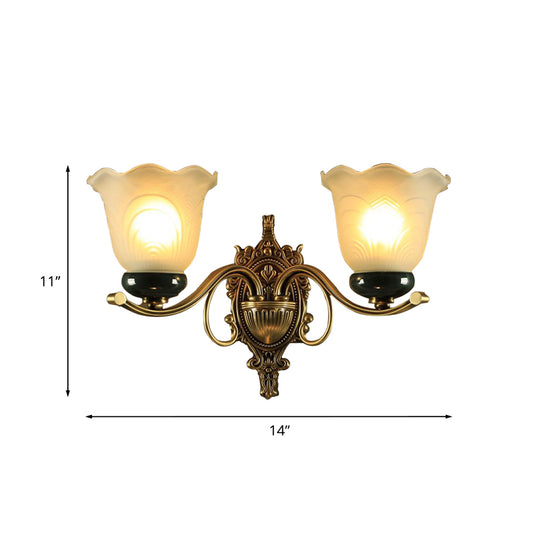 2 Lights Floral Wall Lamp Traditional Brass Frosted Glass Wall Sconce Light with Carved Backplate Clearhalo 'Wall Lamps & Sconces' 'Wall Lights' Lighting' 815220