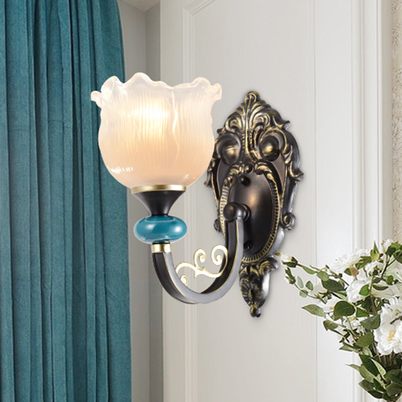 Floral Bedroom Wall Sconce Lamp Retro Frosted Glass 1/2-Light Bronze Wall Light with Metal Curvy Arm 1.0 Bronze Clearhalo 'Wall Lamps & Sconces' 'Wall Lights' Lighting' 815221