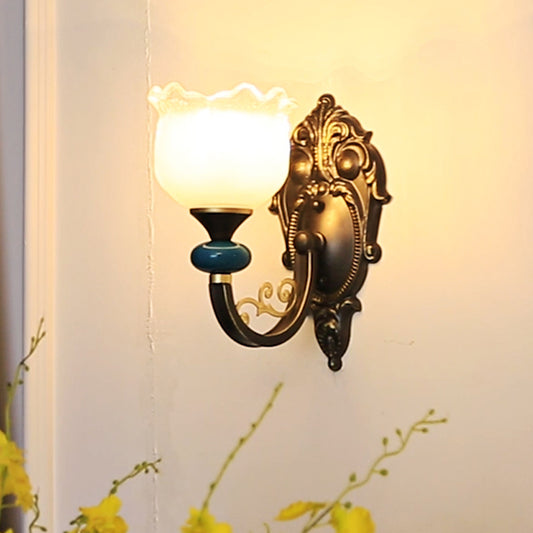 Floral Bedroom Wall Sconce Lamp Retro Frosted Glass 1/2-Light Bronze Wall Light with Metal Curvy Arm Clearhalo 'Wall Lamps & Sconces' 'Wall Lights' Lighting' 815222