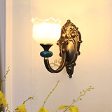 Floral Bedroom Wall Sconce Lamp Retro Frosted Glass 1/2-Light Bronze Wall Light with Metal Curvy Arm Clearhalo 'Wall Lamps & Sconces' 'Wall Lights' Lighting' 815222