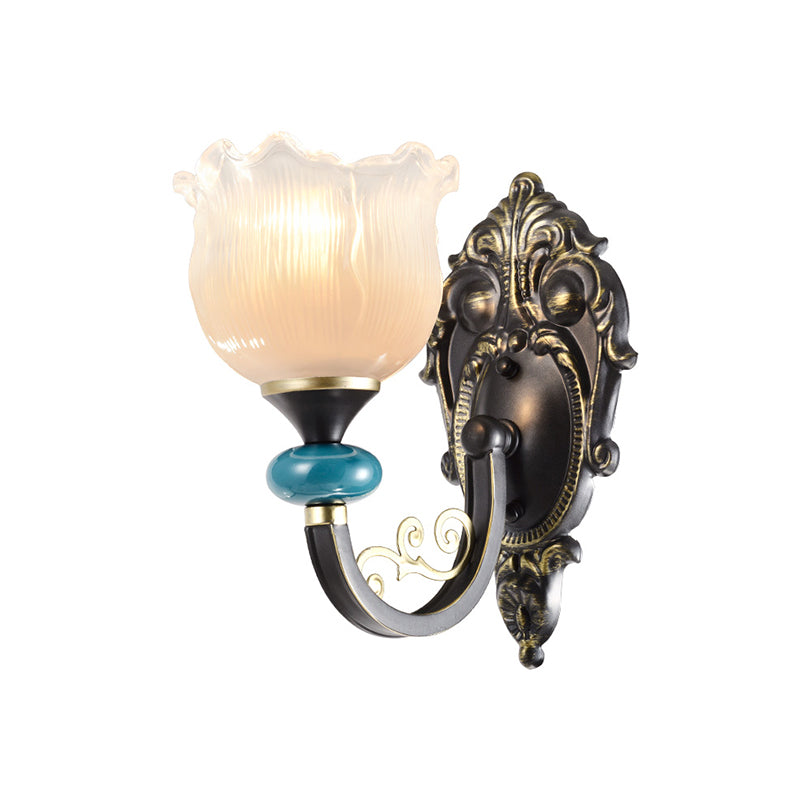 Floral Bedroom Wall Sconce Lamp Retro Frosted Glass 1/2-Light Bronze Wall Light with Metal Curvy Arm Clearhalo 'Wall Lamps & Sconces' 'Wall Lights' Lighting' 815223