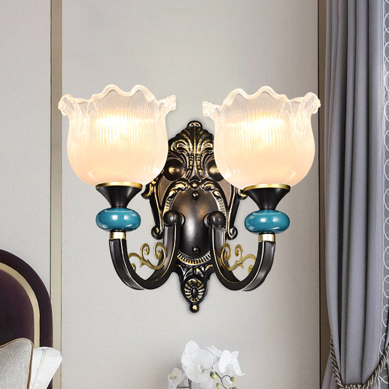 Floral Bedroom Wall Sconce Lamp Retro Frosted Glass 1/2-Light Bronze Wall Light with Metal Curvy Arm 2.0 Bronze Clearhalo 'Wall Lamps & Sconces' 'Wall Lights' Lighting' 815225