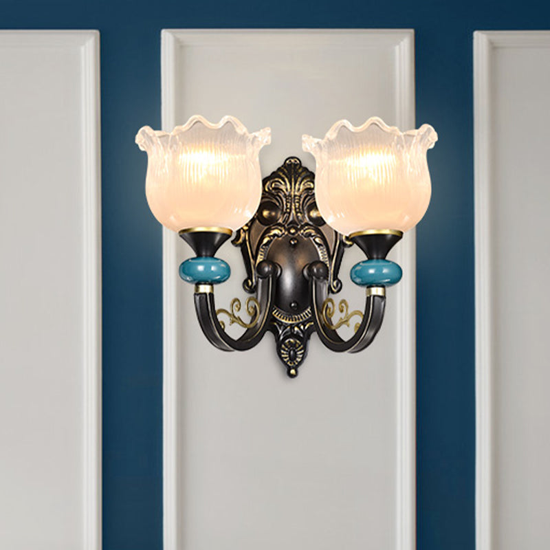 Floral Bedroom Wall Sconce Lamp Retro Frosted Glass 1/2-Light Bronze Wall Light with Metal Curvy Arm Clearhalo 'Wall Lamps & Sconces' 'Wall Lights' Lighting' 815226