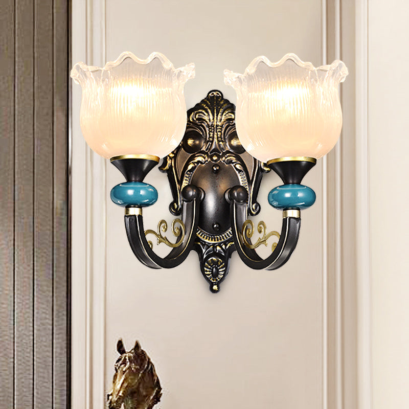 Floral Bedroom Wall Sconce Lamp Retro Frosted Glass 1/2-Light Bronze Wall Light with Metal Curvy Arm Clearhalo 'Wall Lamps & Sconces' 'Wall Lights' Lighting' 815227