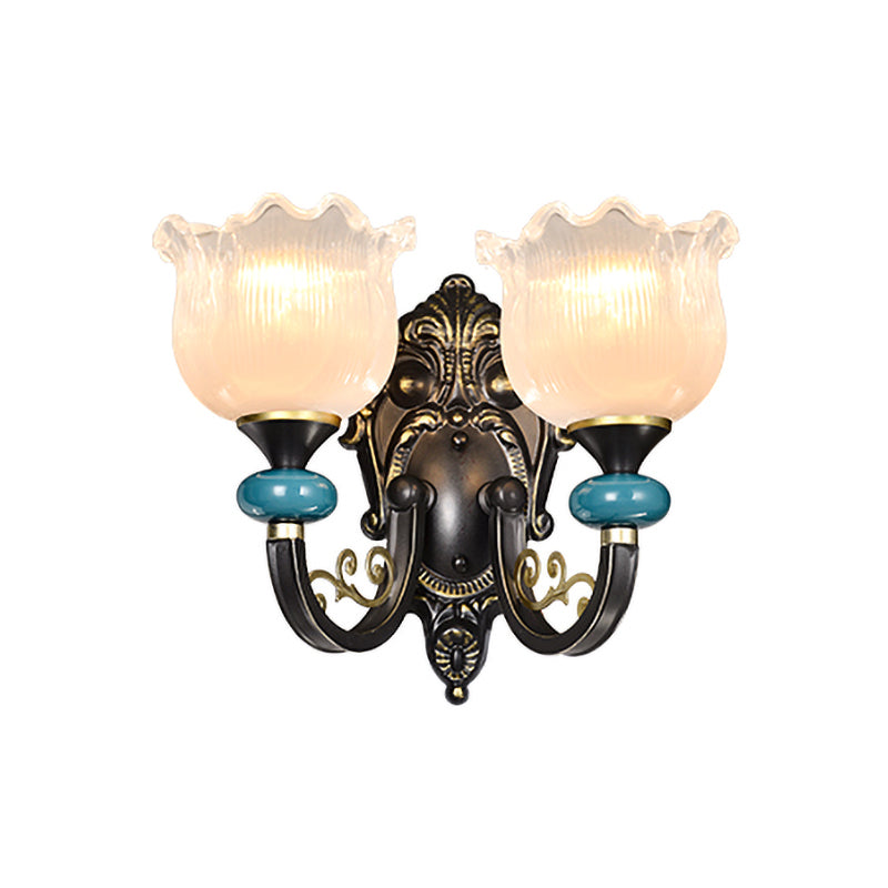 Floral Bedroom Wall Sconce Lamp Retro Frosted Glass 1/2-Light Bronze Wall Light with Metal Curvy Arm Clearhalo 'Wall Lamps & Sconces' 'Wall Lights' Lighting' 815228