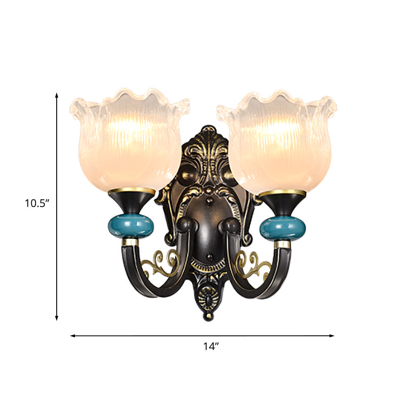 Floral Bedroom Wall Sconce Lamp Retro Frosted Glass 1/2-Light Bronze Wall Light with Metal Curvy Arm Clearhalo 'Wall Lamps & Sconces' 'Wall Lights' Lighting' 815229