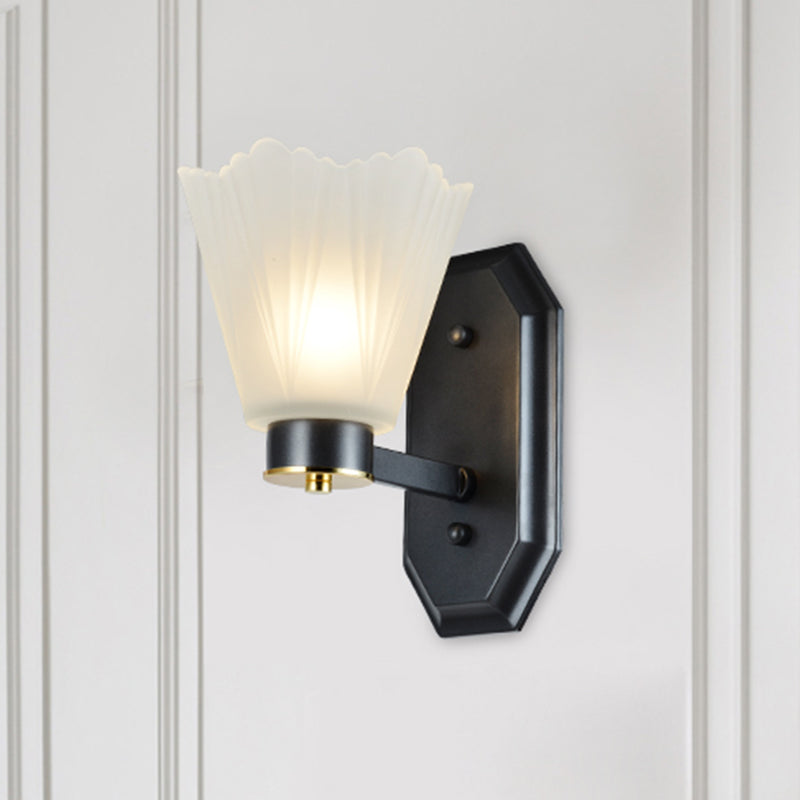 Tapered Milk Glass Wall Lighting Retro 1/2 Bulbs Living Room Wall Light in Black with Metal Straight Arm 1.0 Black Clearhalo 'Wall Lamps & Sconces' 'Wall Lights' Lighting' 815230