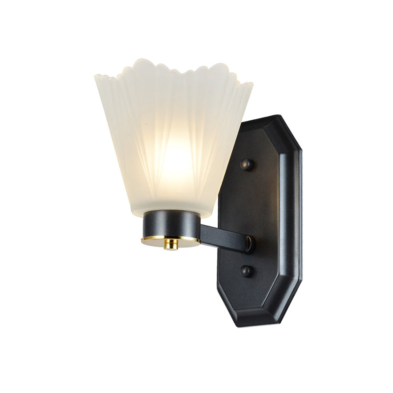 Tapered Milk Glass Wall Lighting Retro 1/2 Bulbs Living Room Wall Light in Black with Metal Straight Arm Clearhalo 'Wall Lamps & Sconces' 'Wall Lights' Lighting' 815231