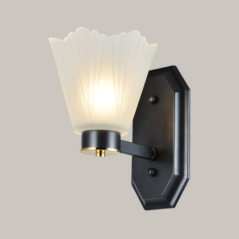 Tapered Milk Glass Wall Lighting Retro 1/2 Bulbs Living Room Wall Light in Black with Metal Straight Arm Clearhalo 'Wall Lamps & Sconces' 'Wall Lights' Lighting' 815232